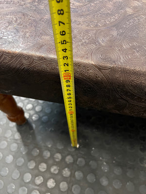Brown Upholstered Square Coffee Table with Turned Legs — Well Used Condition – height measurement