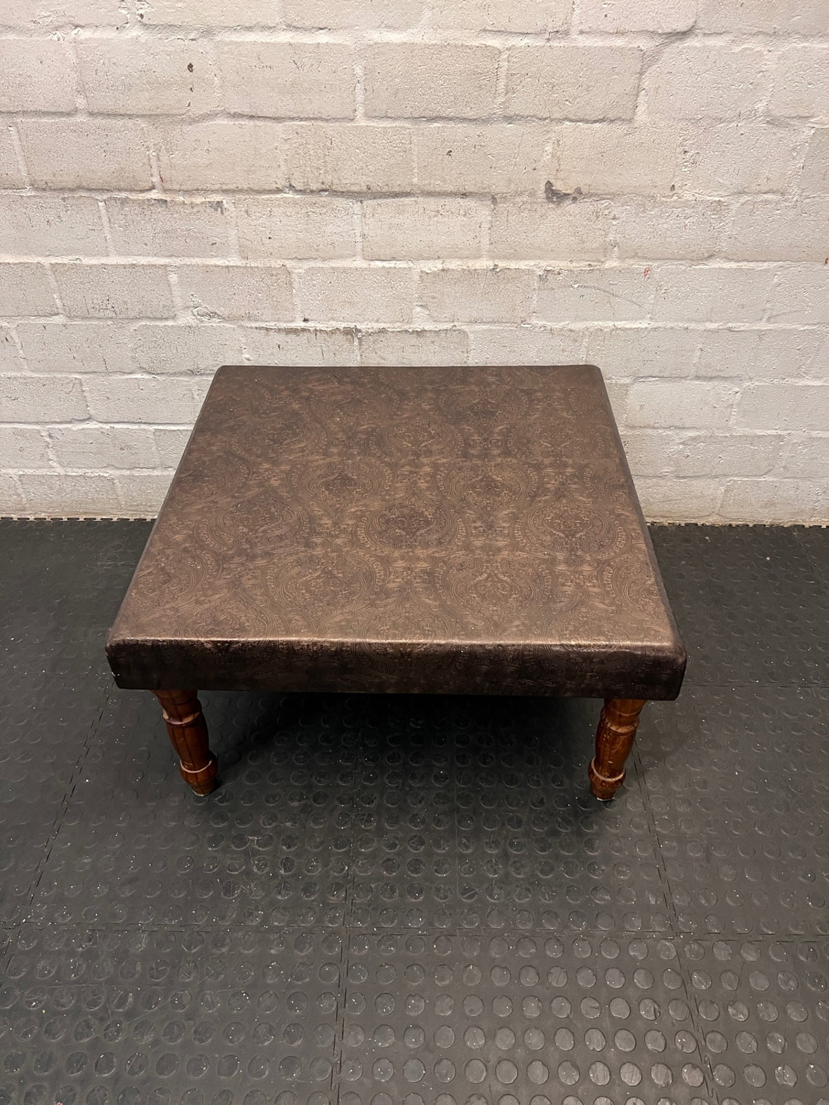 Brown Upholstered Square Coffee Table with Turned Legs — Well Used Condition – side view