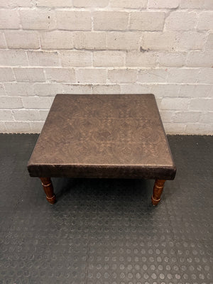 Brown Upholstered Square Coffee Table with Turned Legs — Well Used Condition – side view