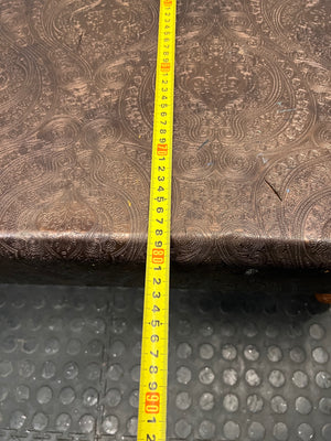 Brown Upholstered Square Coffee Table with Turned Legs — Well Used Condition – width measurement