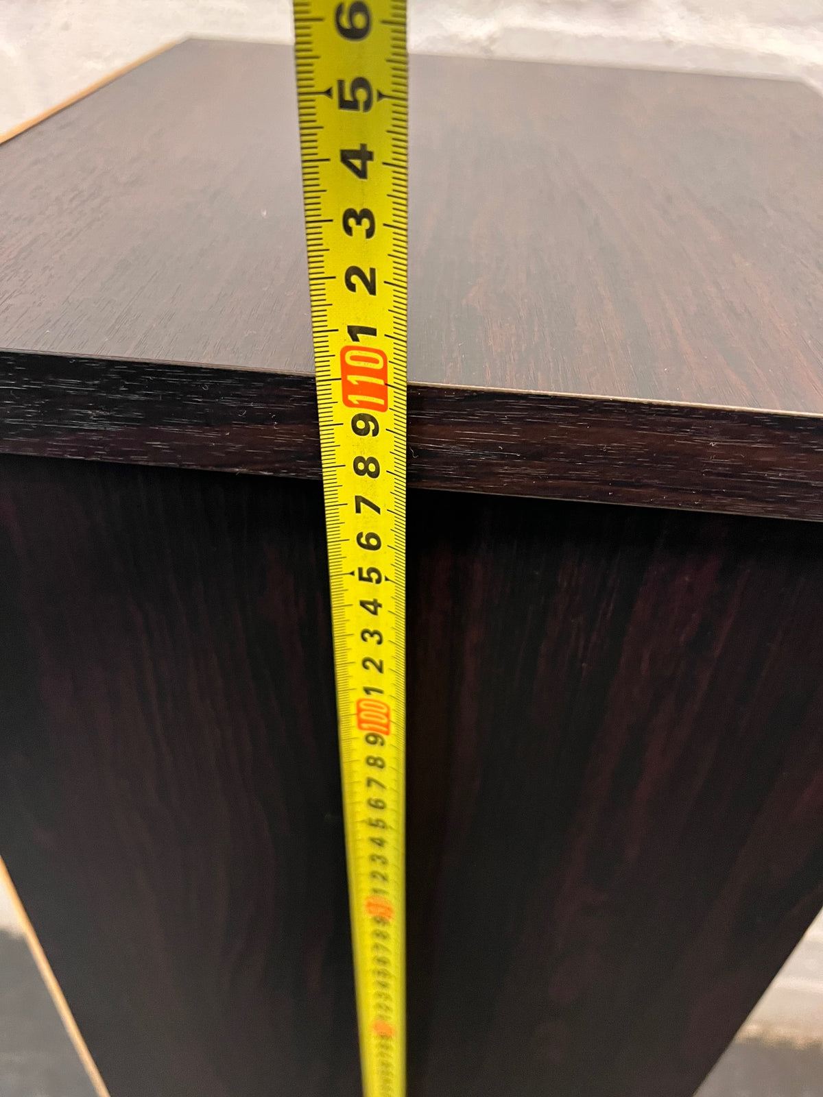 Black Slim Display Cabinet with Glass Door and Drawer — Well Used with Visible Wear – height measurement