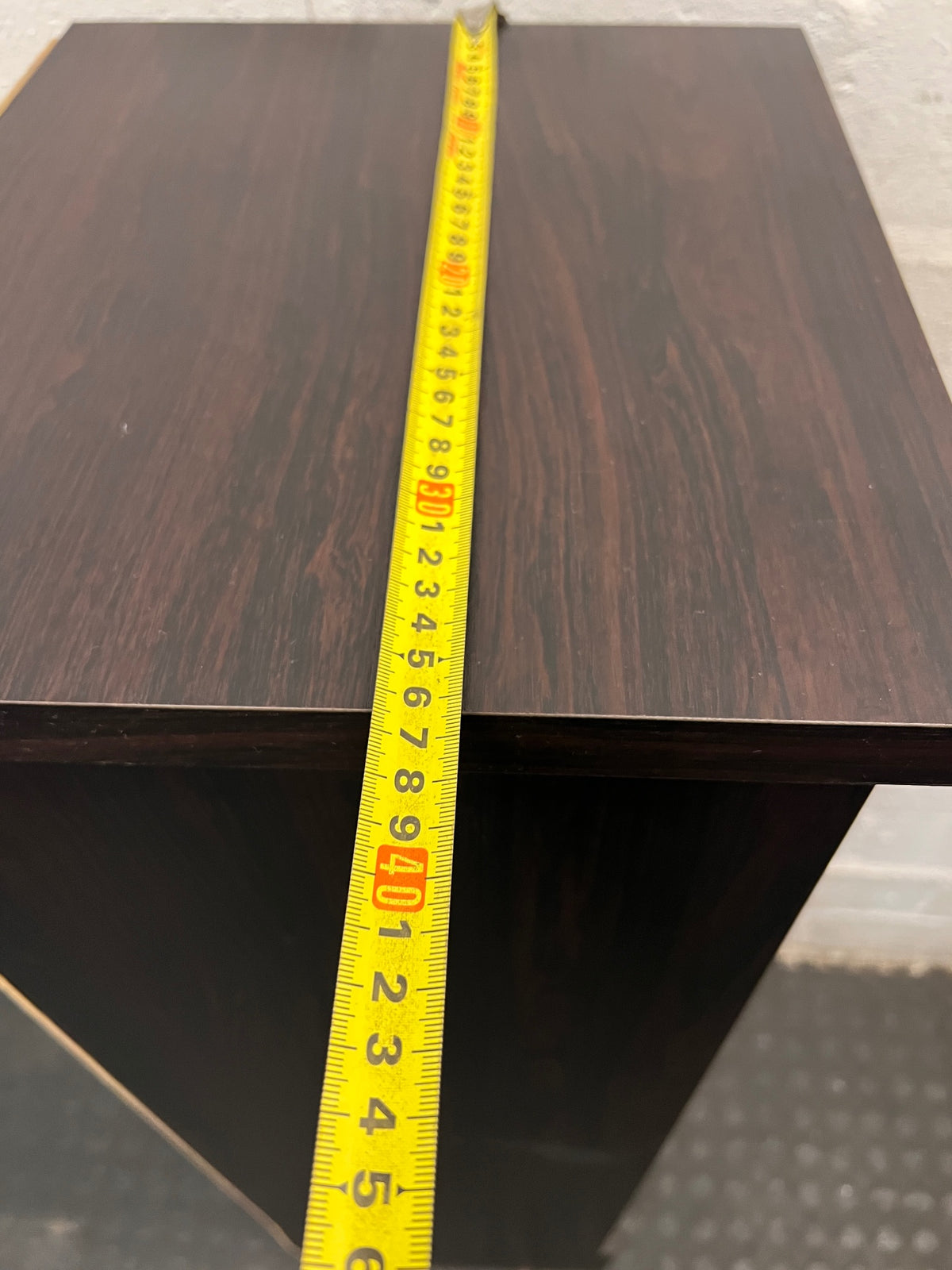 Black Slim Display Cabinet with Glass Door and Drawer — Well Used with Visible Wear – width measurement