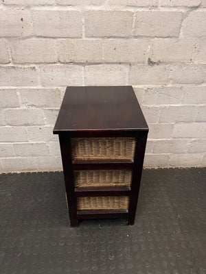Dark Wood Bedside Table with Woven Wicker Drawers — Well Used with Visible Surface Wear – back view
