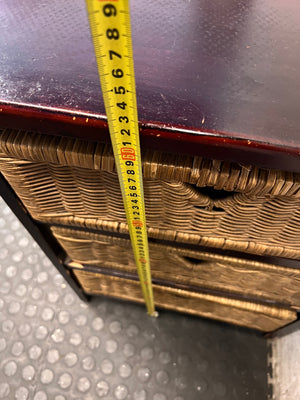 Dark Wood Bedside Table with Woven Wicker Drawers — Well Used with Visible Surface Wear – height measurement