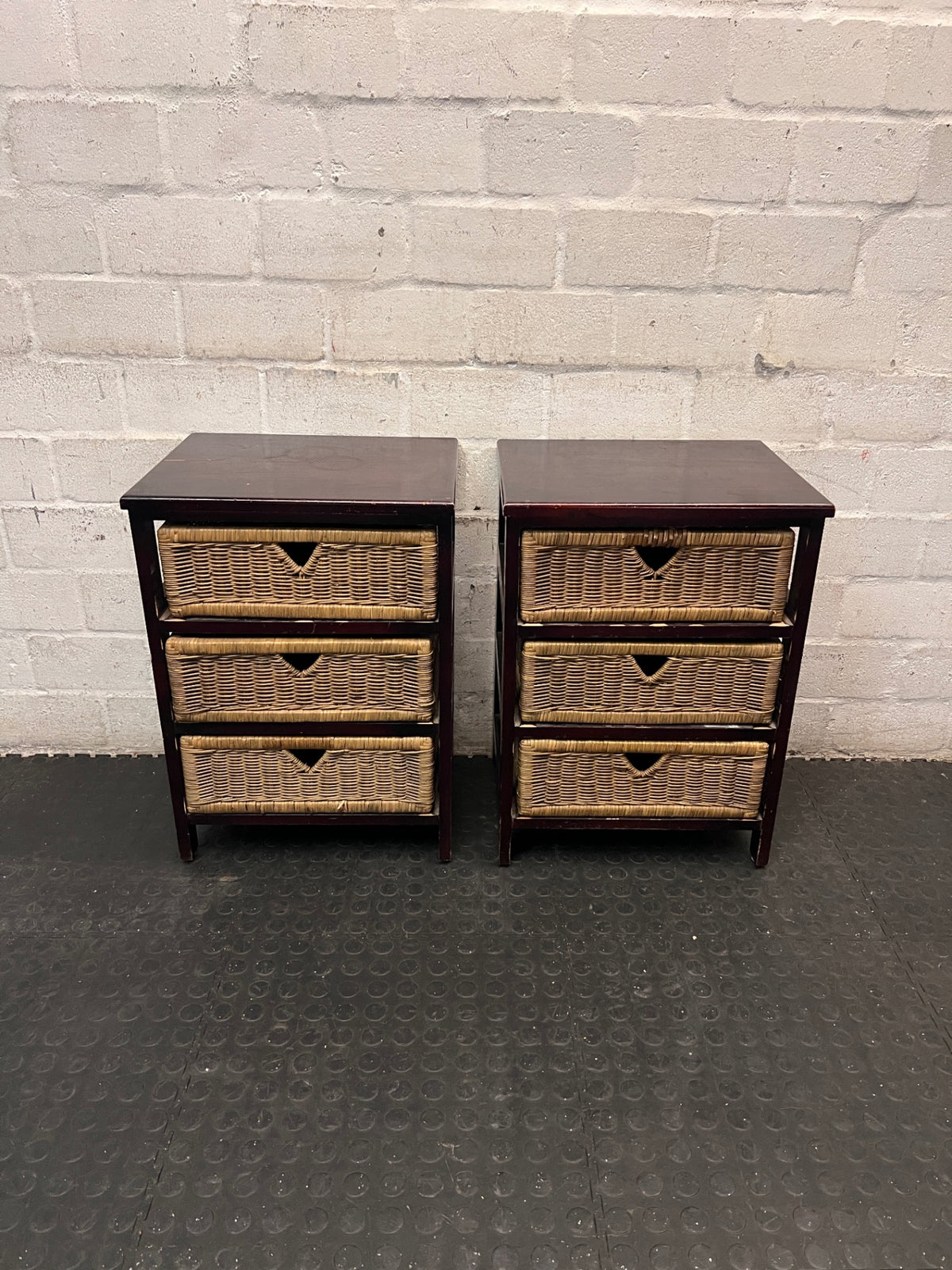 Dark Wood Bedside Table with Woven Wicker Drawers — Well Used with Visible Surface Wear – side view