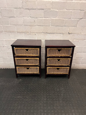 Dark Wood Bedside Table with Woven Wicker Drawers — Well Used with Visible Surface Wear – side view