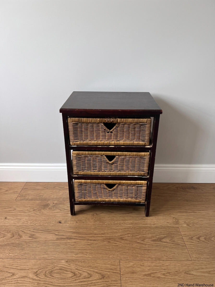 Dark Wood Bedside Table with Woven Wicker Drawers — Well Used with Visible Surface Wear – styled product image