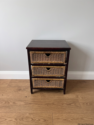 Dark Wood Bedside Table with Woven Wicker Drawers — Well Used with Visible Surface Wear – styled product image