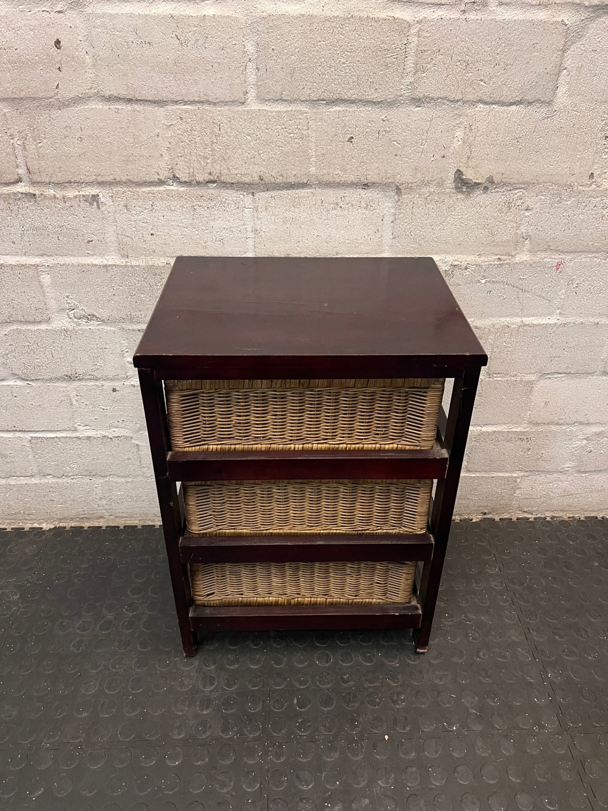 Dark Wood Bedside Table with Woven Wicker Drawers — Well Used with Visible Surface Wear – top view