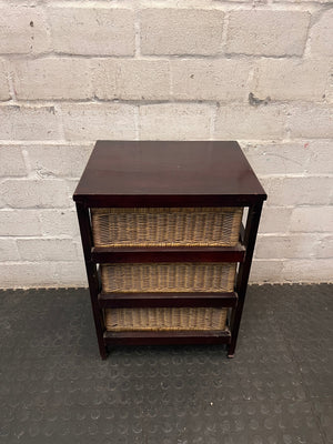 Dark Wood Bedside Table with Woven Wicker Drawers — Well Used with Visible Surface Wear – top view