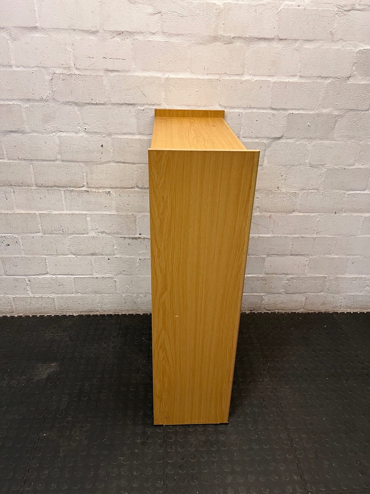 Oak-Finish Three-Tier Bookshelf — Well Used with Visible Surface Marks – back view