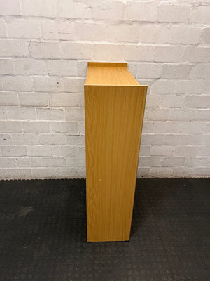 Oak-Finish Three-Tier Bookshelf — Well Used with Visible Surface Marks – back view