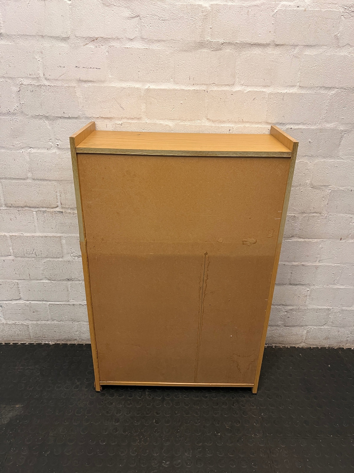 Oak-Finish Three-Tier Bookshelf — Well Used with Visible Surface Marks – condition detail