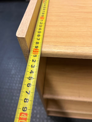 Oak-Finish Three-Tier Bookshelf — Well Used with Visible Surface Marks – depth measurement