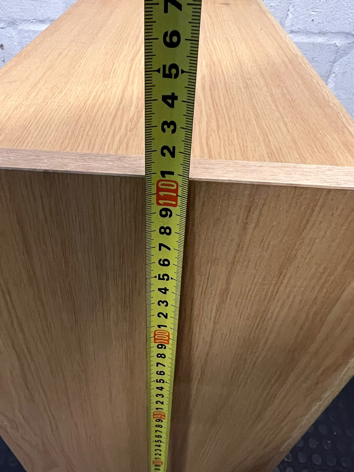 Oak-Finish Three-Tier Bookshelf — Well Used with Visible Surface Marks – height measurement