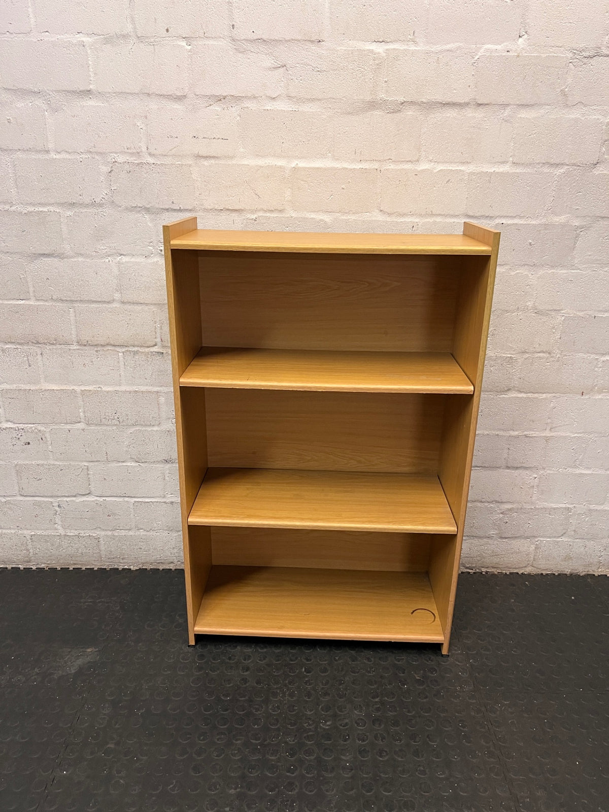 Oak-Finish Three-Tier Bookshelf — Well Used with Visible Surface Marks – main front view