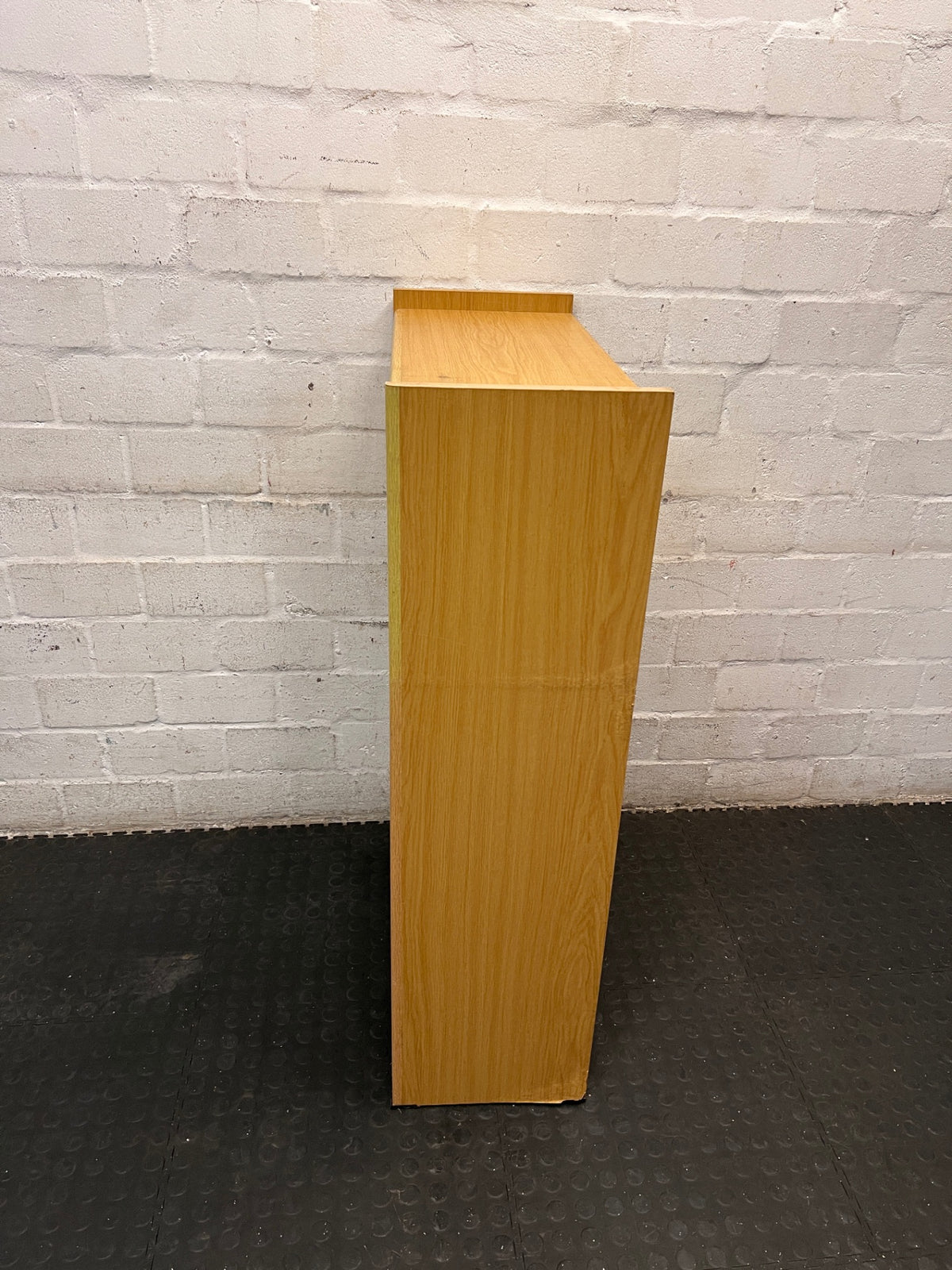 Oak-Finish Three-Tier Bookshelf — Well Used with Visible Surface Marks – side view