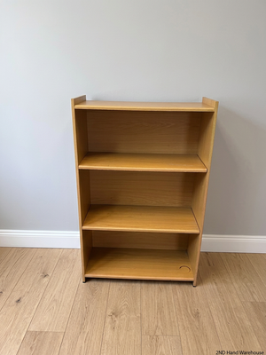 Oak-Finish Three-Tier Bookshelf — Well Used with Visible Surface Marks – styled product image