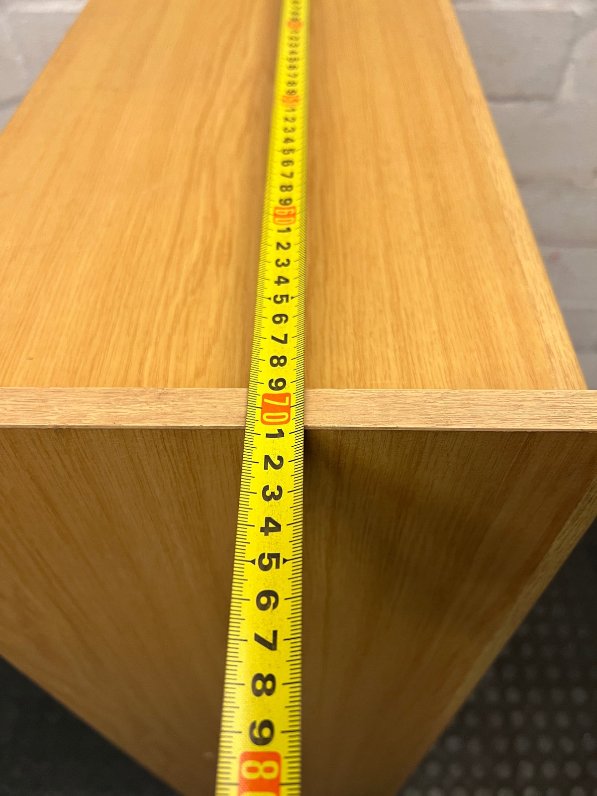 Oak-Finish Three-Tier Bookshelf — Well Used with Visible Surface Marks – width measurement