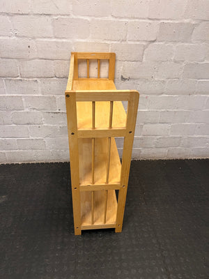 Light Oak Three-Tier Slatted Wooden Bookshelf — Well Used Condition – back view