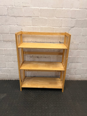 Light Oak Three-Tier Slatted Wooden Bookshelf — Well Used Condition – main front view