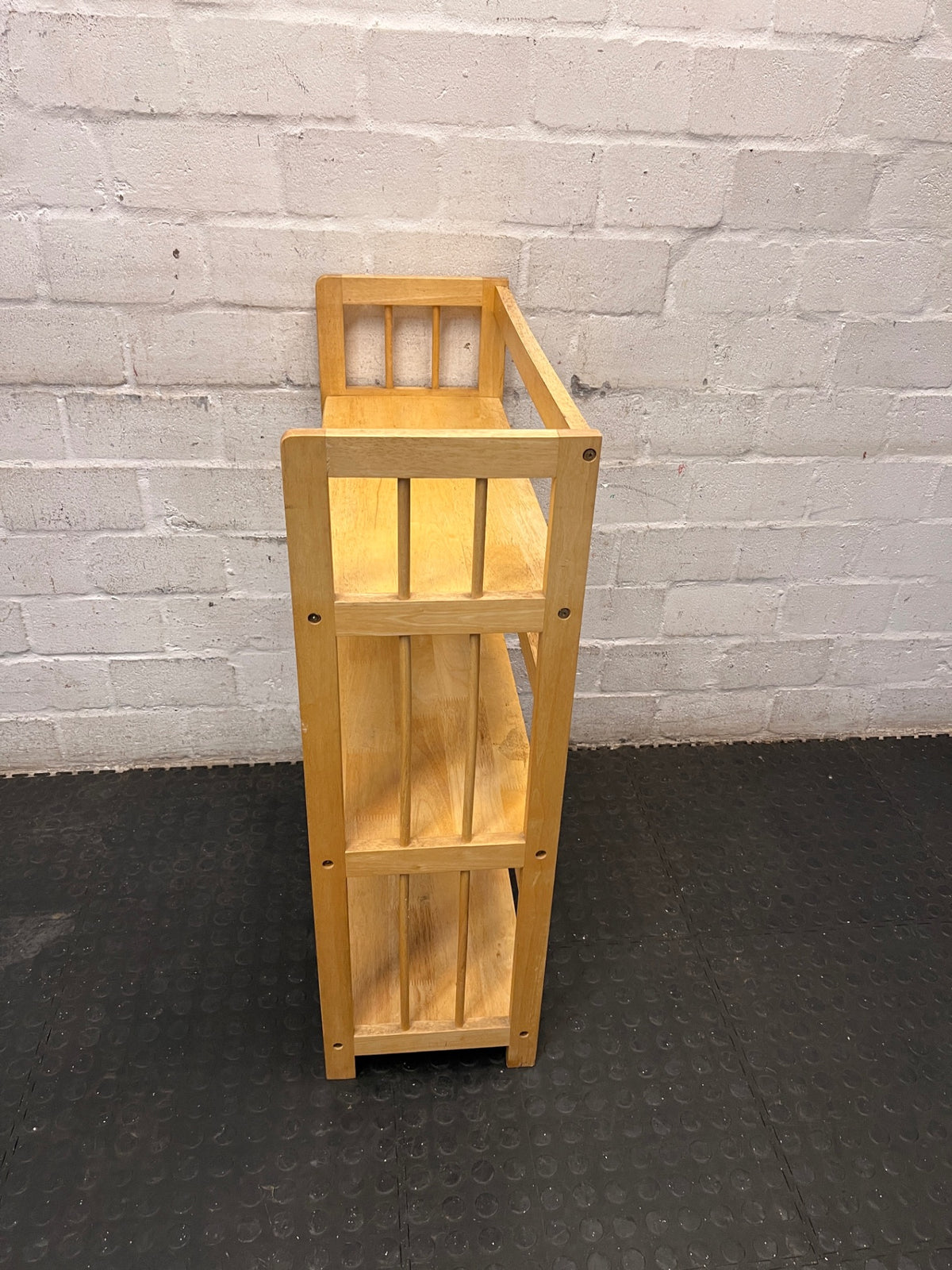 Light Oak Three-Tier Slatted Wooden Bookshelf — Well Used Condition – side view