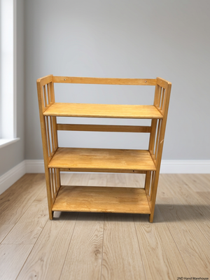 Light Oak Three-Tier Slatted Wooden Bookshelf — Well Used Condition – styled product image