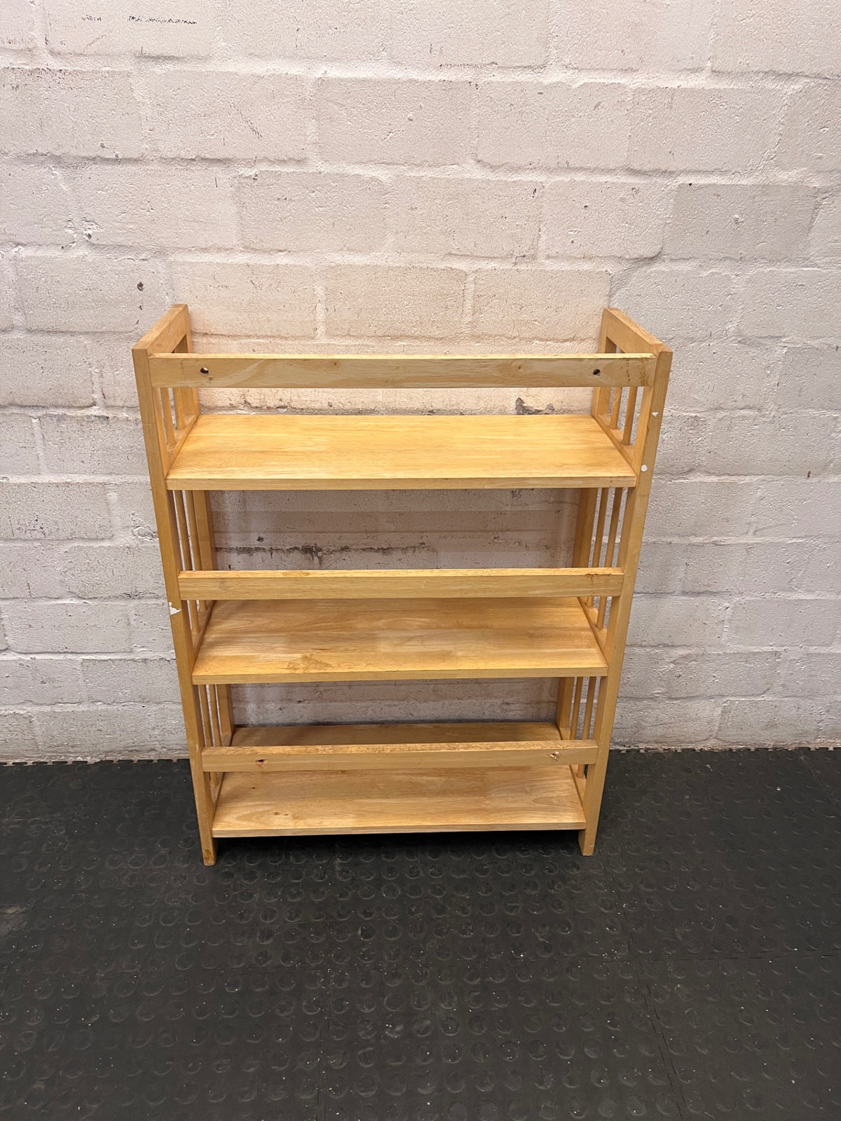 Light Oak Three-Tier Slatted Wooden Bookshelf — Well Used Condition – top view