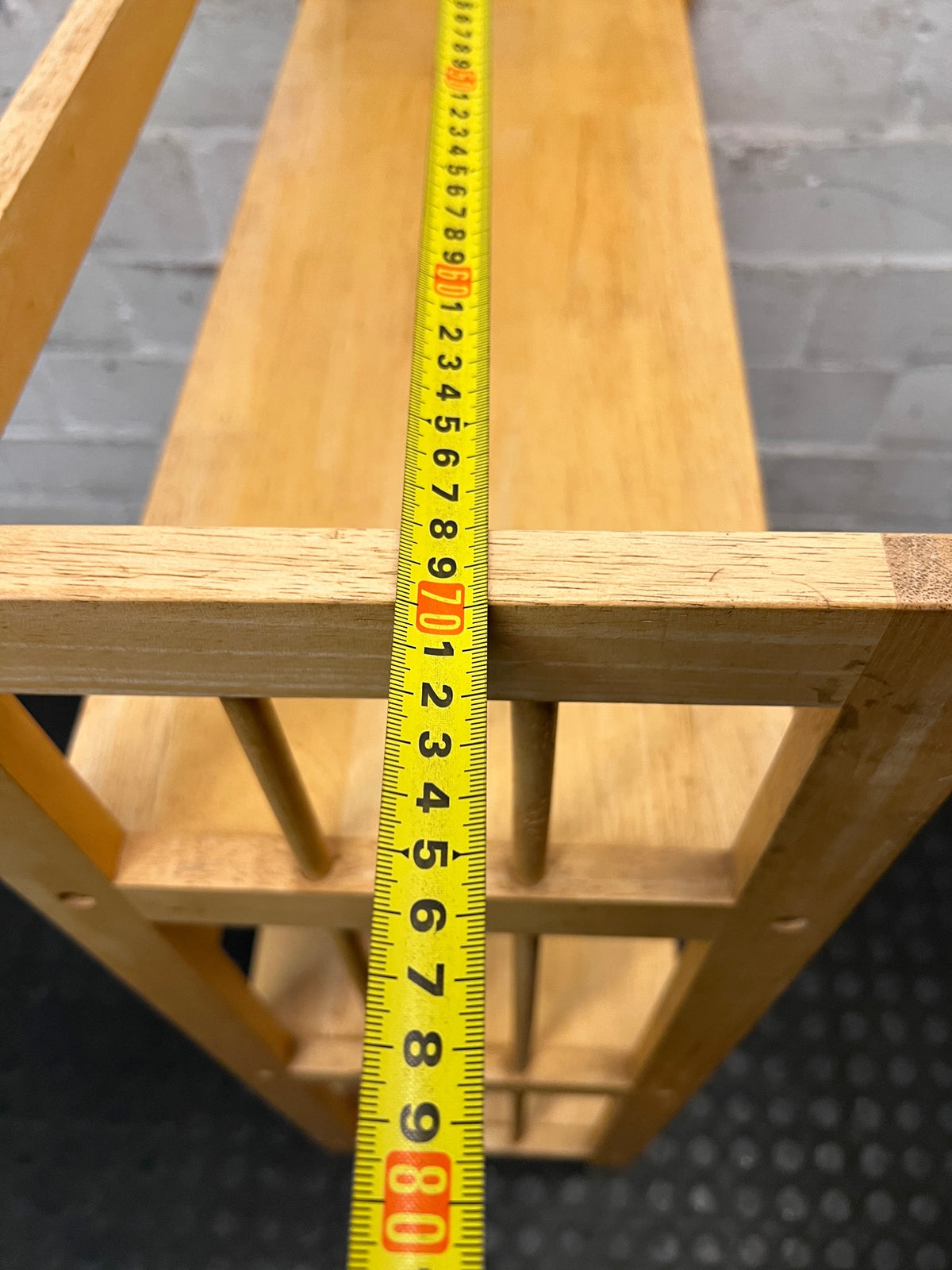 Light Oak Three-Tier Slatted Wooden Bookshelf — Well Used Condition – width measurement