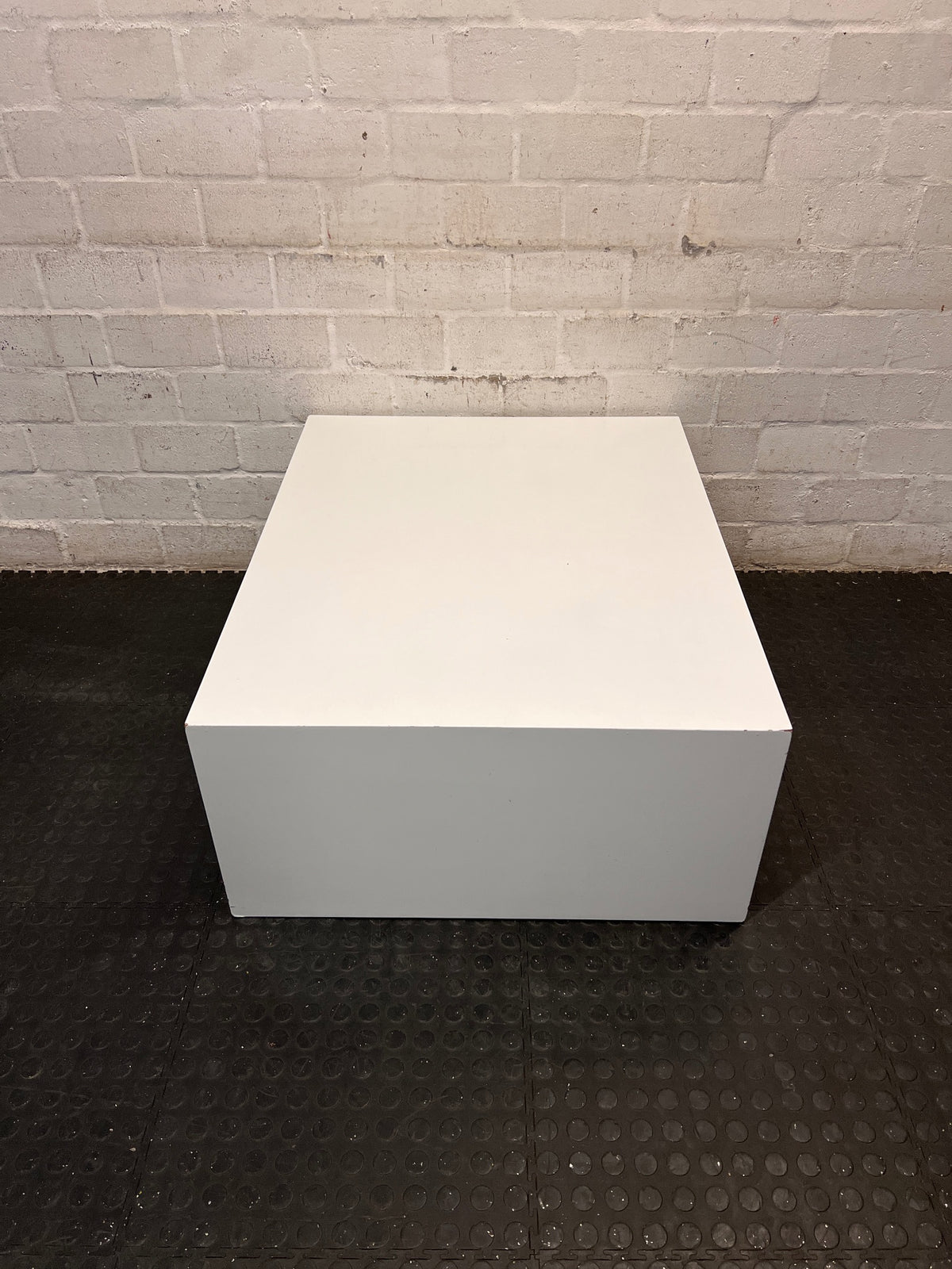 Minimalist White Rectangular Coffee Table — Wear and Minor Scratches on Side – side view