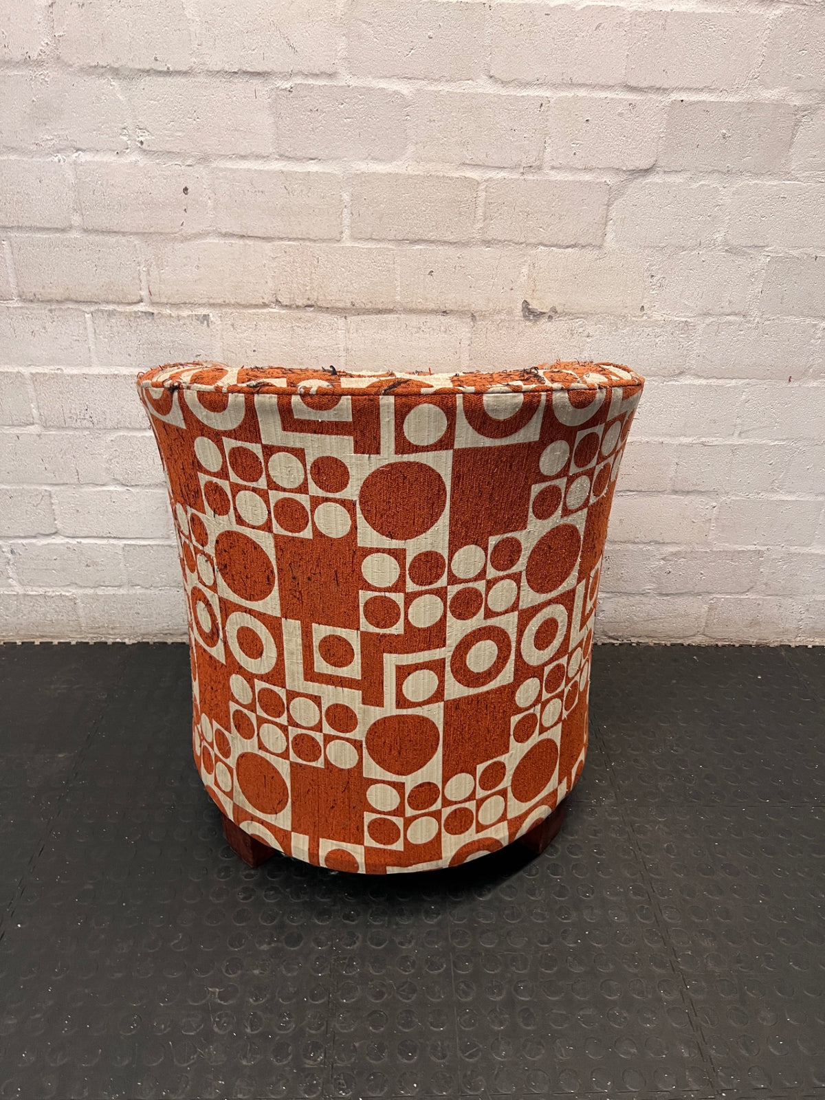 Geometric Print 1 Seater Tub Chair in Orange and Cream — Well Used with Visible Fabric Wear – back view