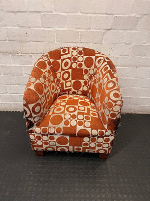 Geometric Print 1 Seater Tub Chair in Orange and Cream — Well Used with Visible Fabric Wear – main front view