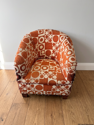 Geometric Print 1 Seater Tub Chair in Orange and Cream — Well Used with Visible Fabric Wear – styled product image