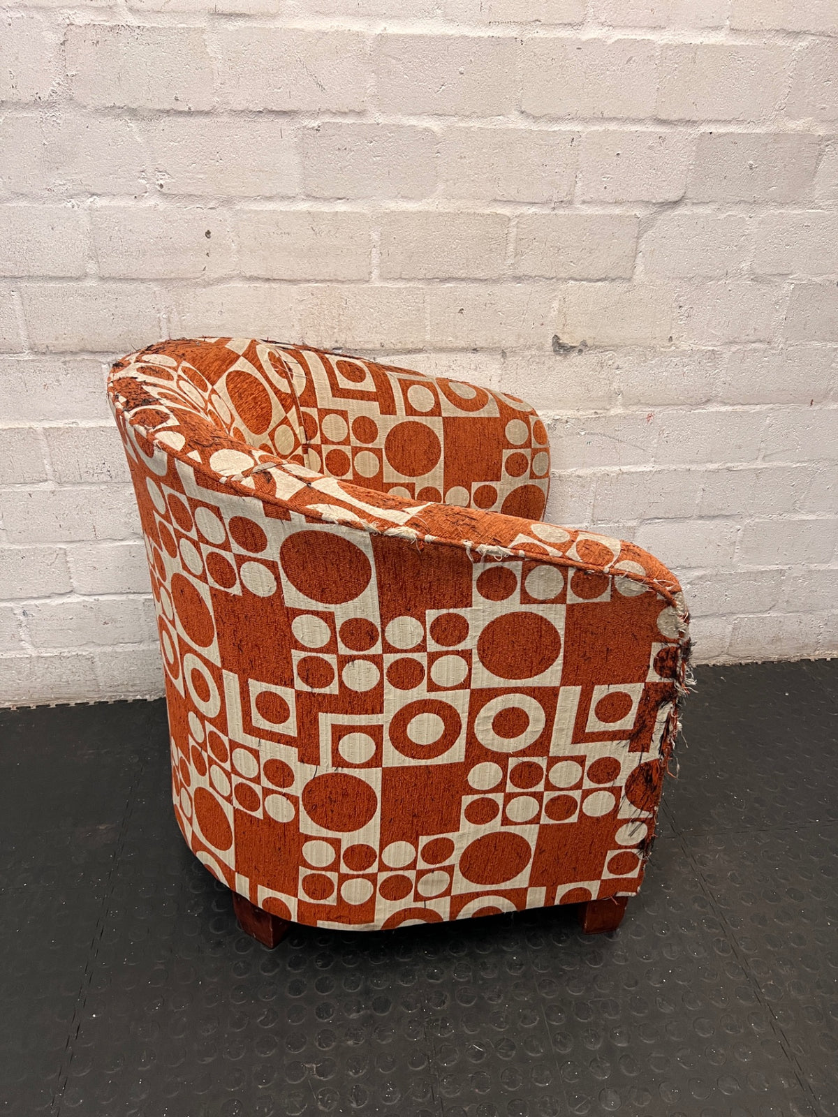 Geometric Print 1 Seater Tub Chair in Orange and Cream — Well Used with Visible Fabric Wear – top view