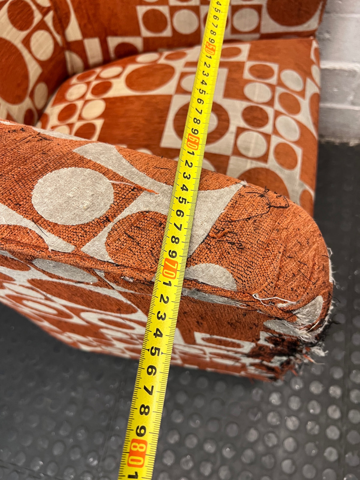 Geometric Print 1 Seater Tub Chair in Orange and Cream — Well Used with Visible Fabric Wear – width measurement