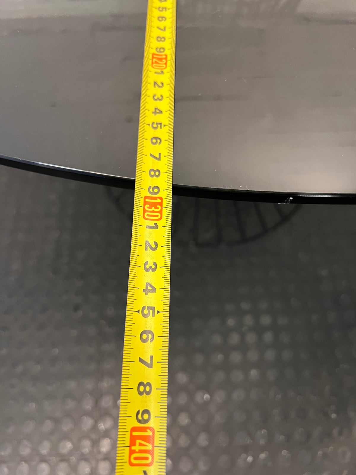 Round Smoked Glass Dining Table with Black Steel Wire Base — Very Good Condition – depth measurement