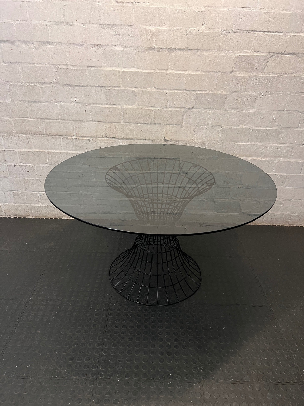 Round Smoked Glass Dining Table with Black Steel Wire Base — Very Good Condition – main front view