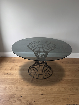Round Smoked Glass Dining Table with Black Steel Wire Base — Very Good Condition – styled product image