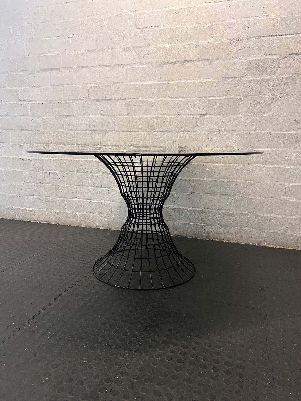 Round Smoked Glass Dining Table with Black Steel Wire Base — Very Good Condition – top view