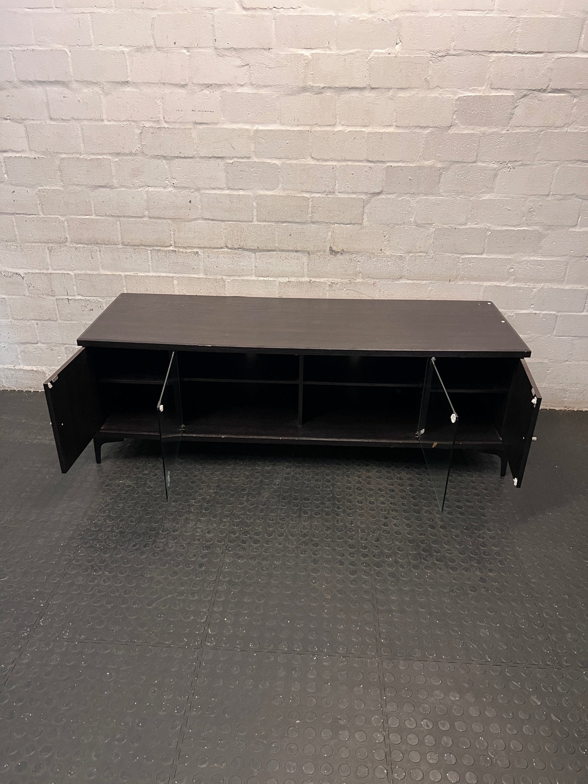 Dark Wood Finish TV Unit with Glass Sliding Doors – side view