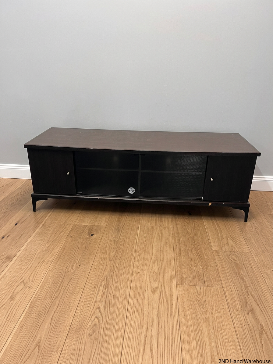 Dark Wood Finish TV Unit with Glass Sliding Doors – styled product image