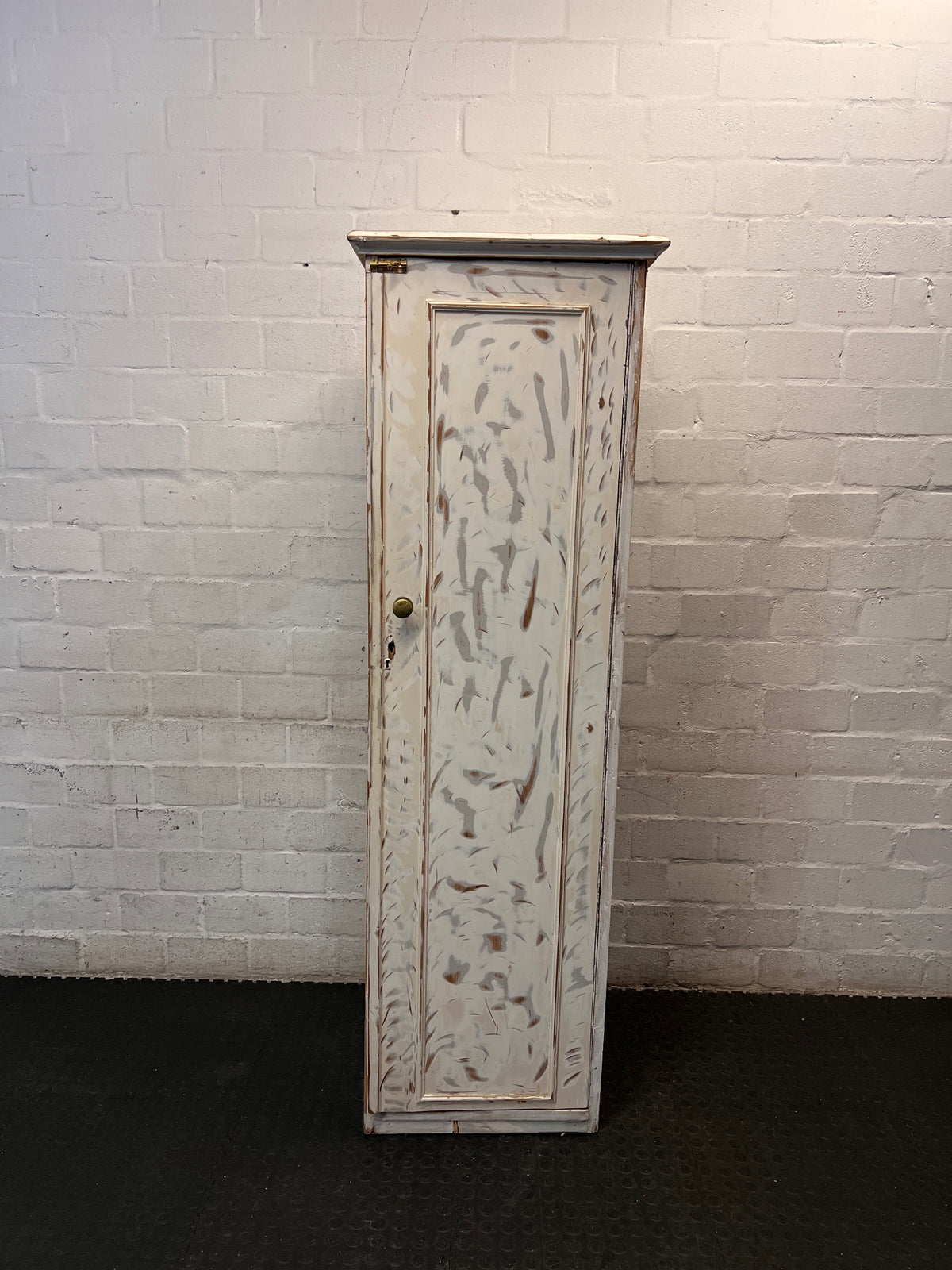 Distressed White Slim Single Door Wardrobe — Constructed from Recycled Material – main front view