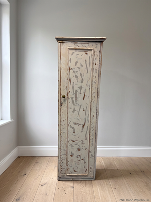 Distressed White Slim Single Door Wardrobe — Constructed from Recycled Material – styled product image