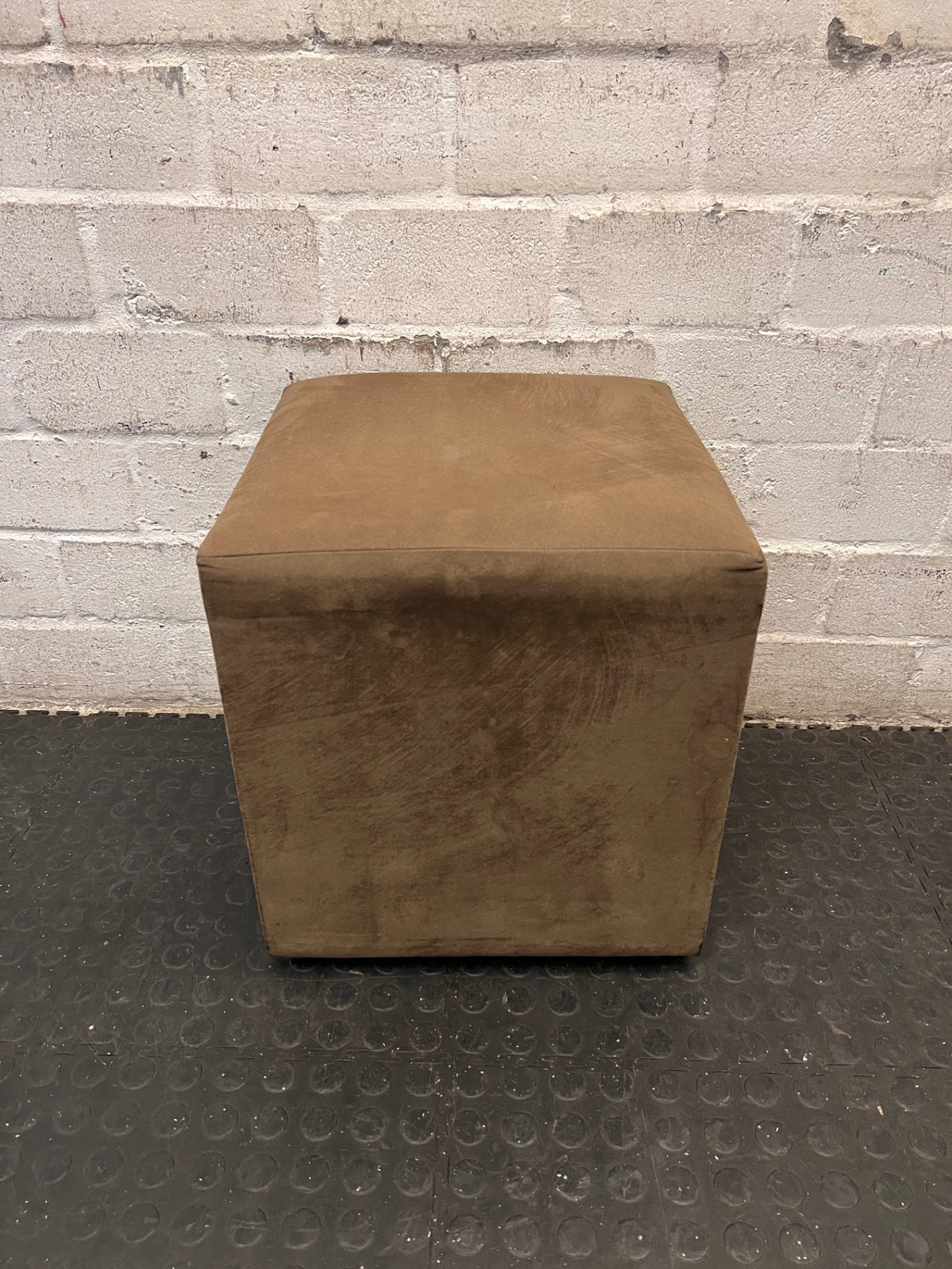 Brown Suede-Style Square Upholstered Ottoman – condition detail