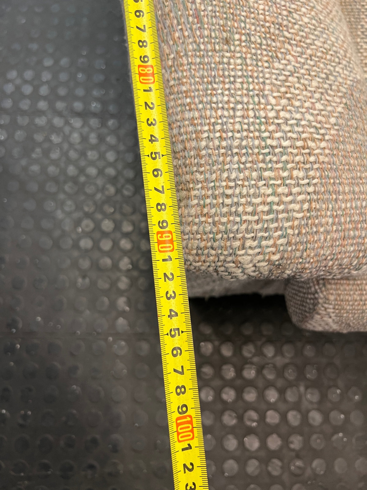Textured Grey Patterned 2 Seater Couch — Fair Condition – depth measurement