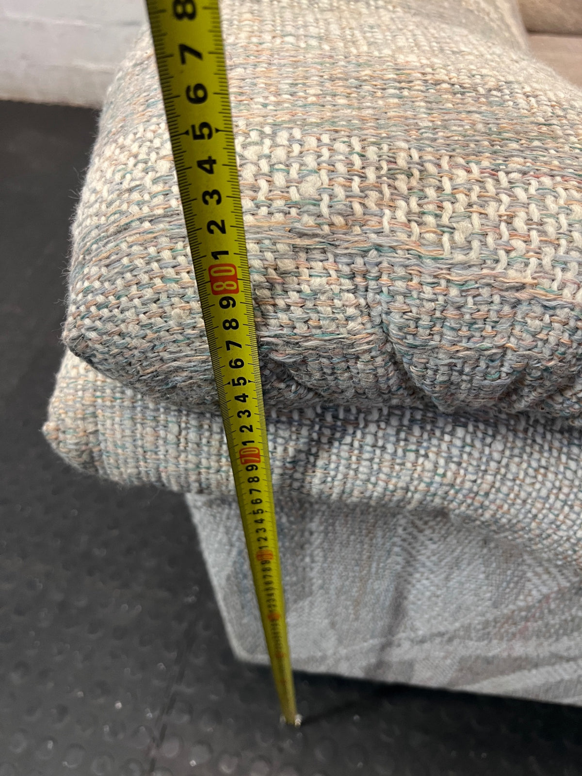 Textured Grey Patterned 2 Seater Couch — Fair Condition – height measurement