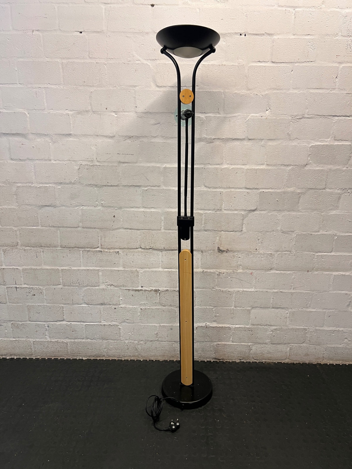 Modern Black Floor Lamp with Wood Accents and Reading Light — Fair Used Condition – back view