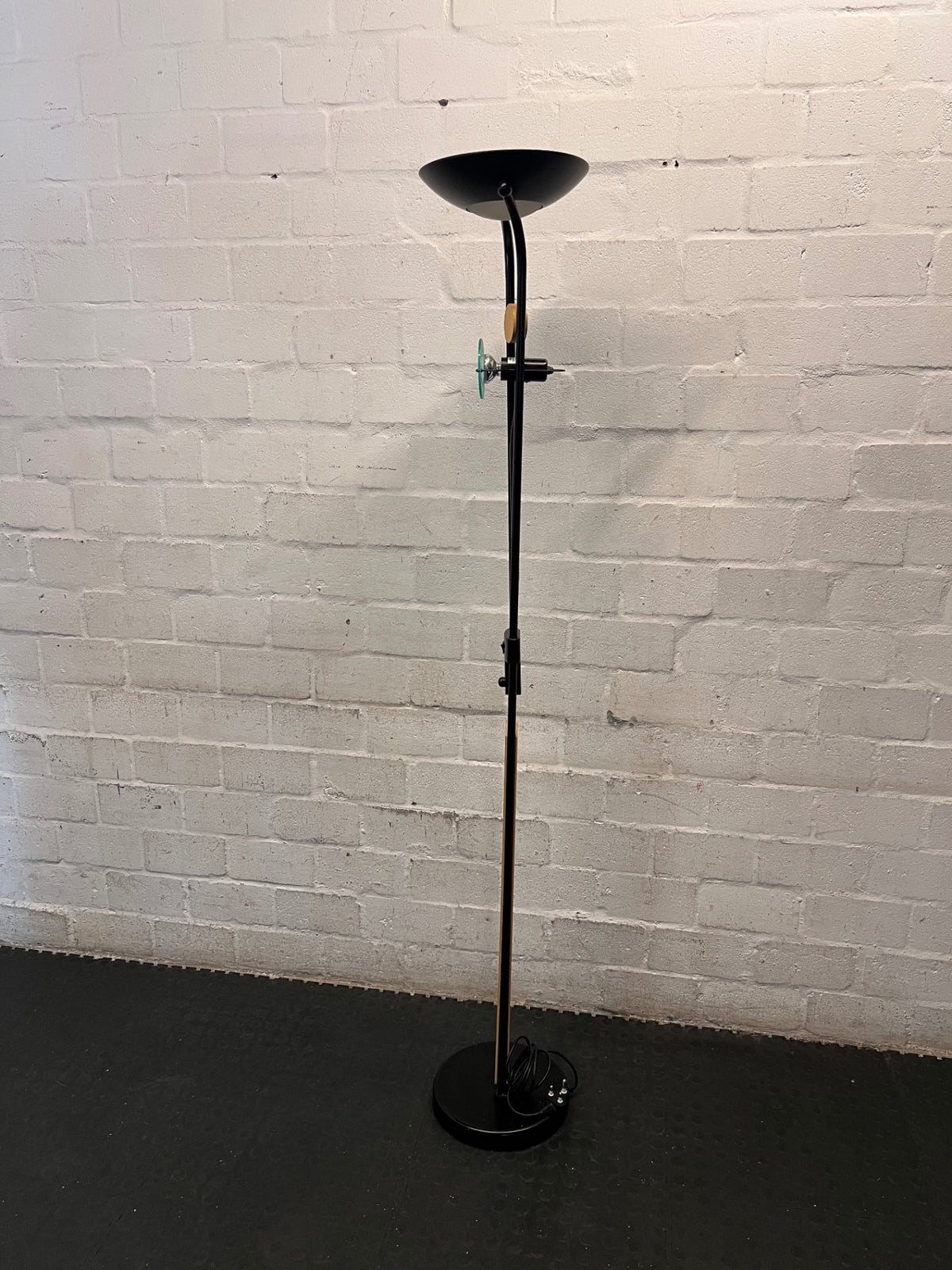 Modern Black Floor Lamp with Wood Accents and Reading Light — Fair Used Condition – condition detail