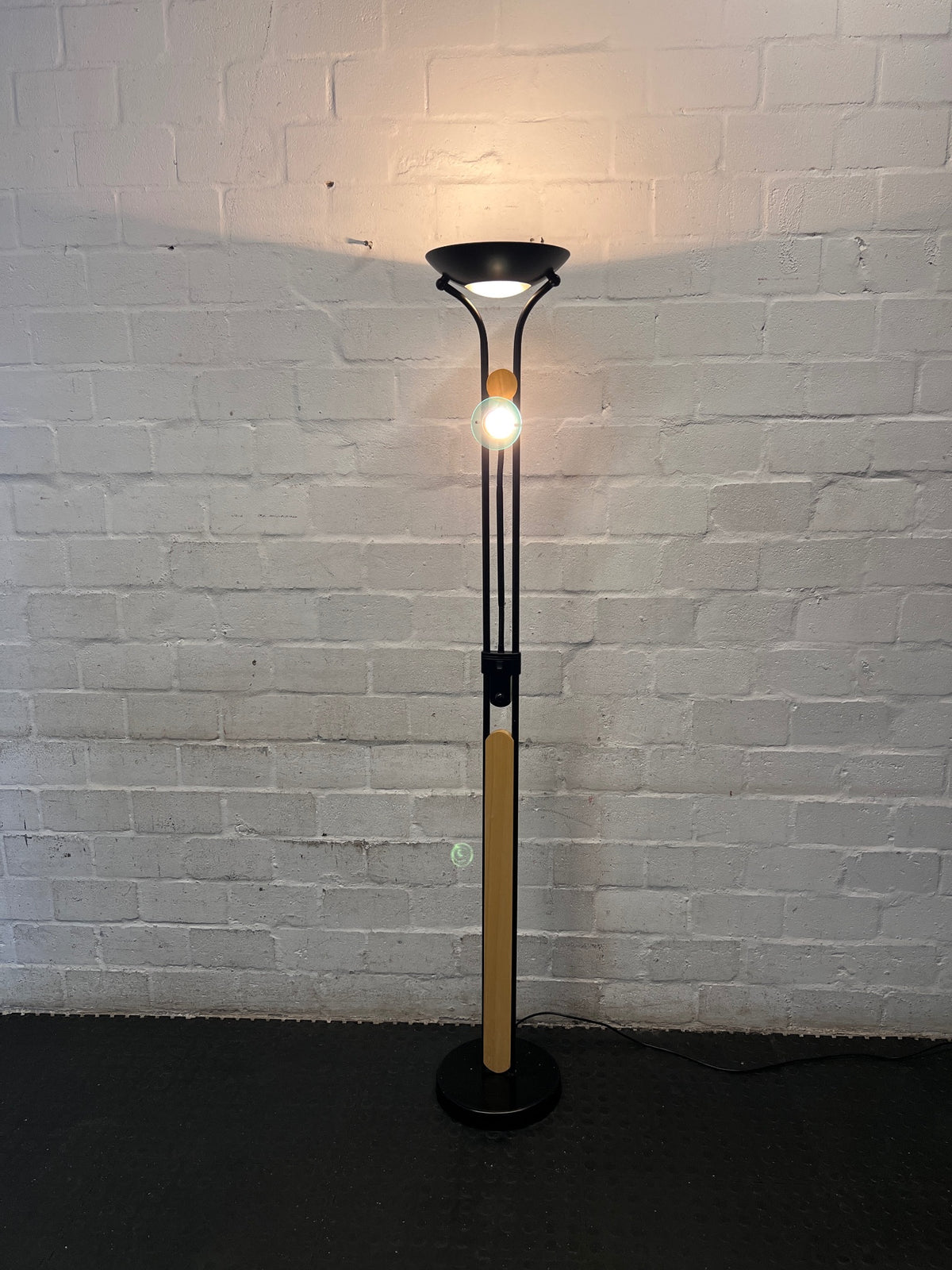 Modern Black Floor Lamp with Wood Accents and Reading Light — Fair Used Condition – main front view