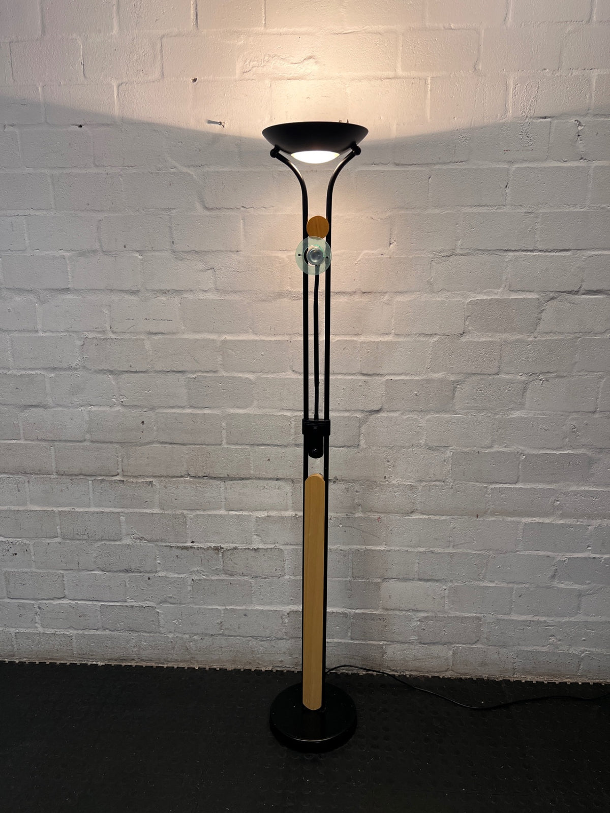 Modern Black Floor Lamp with Wood Accents and Reading Light — Fair Used Condition – side view